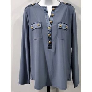 NEW Women's Long-sleeve Navy Blue Comfy Blouse with Gold Snaps. Size Medium